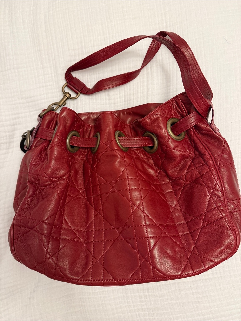 Christian Dior Red Quilted Cannage Drawstring Shoulder Bag with Logo Charm